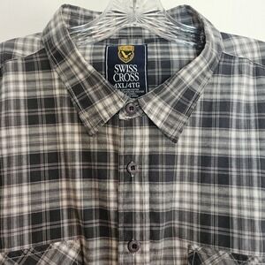 Swiss Cross Men's Button Up Gray Plaid Shirt 4XL Long Sleeve Roll Tab Pockets